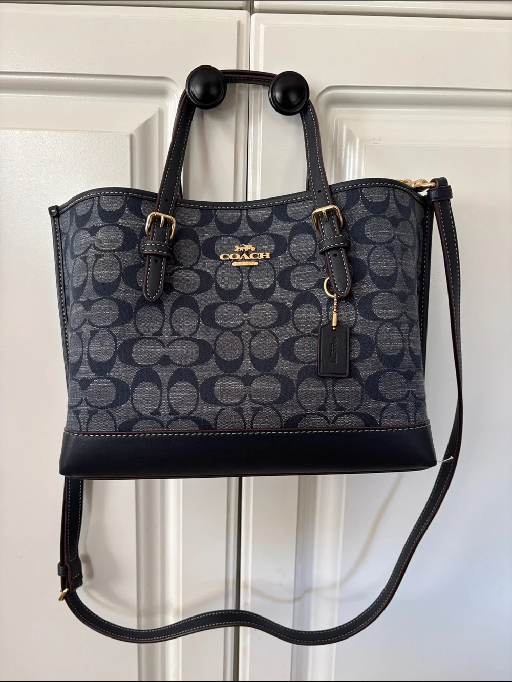 Coach Navy Signature Jacquard Satchel with Gold Hardware